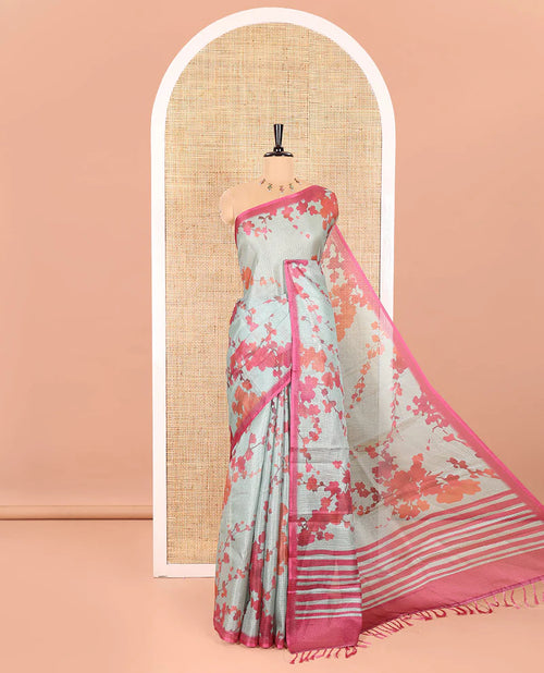 Borderless Beige Kota Chex Saree Prettified with Floral Motifs Digital Print, Subtle Pallu of Stripes, and Paired with a Contrast Plus Printed Blouse