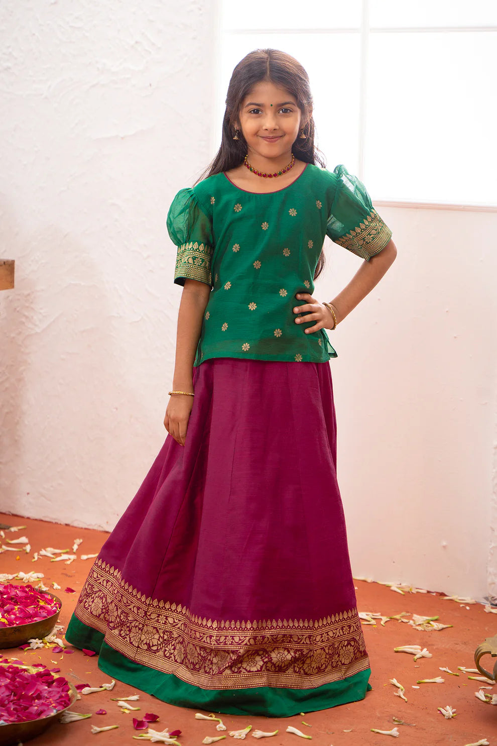 Allover Floral Printed Top With Contrast Border Kids Skirtset Green Magenta