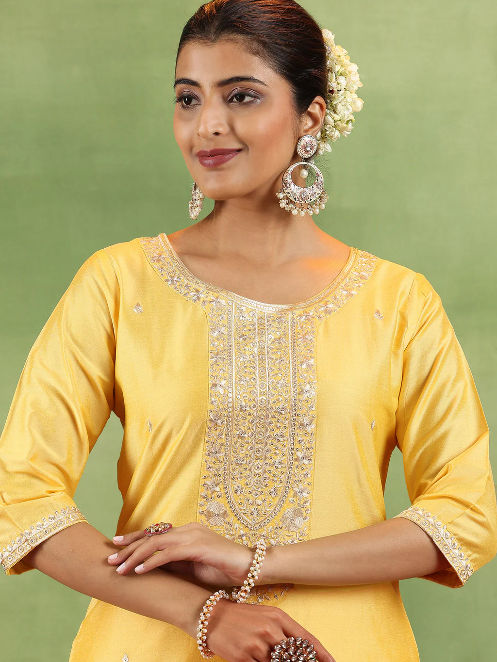 Yellow Embroidered Silk Blend Straight Suit With Dupatta
