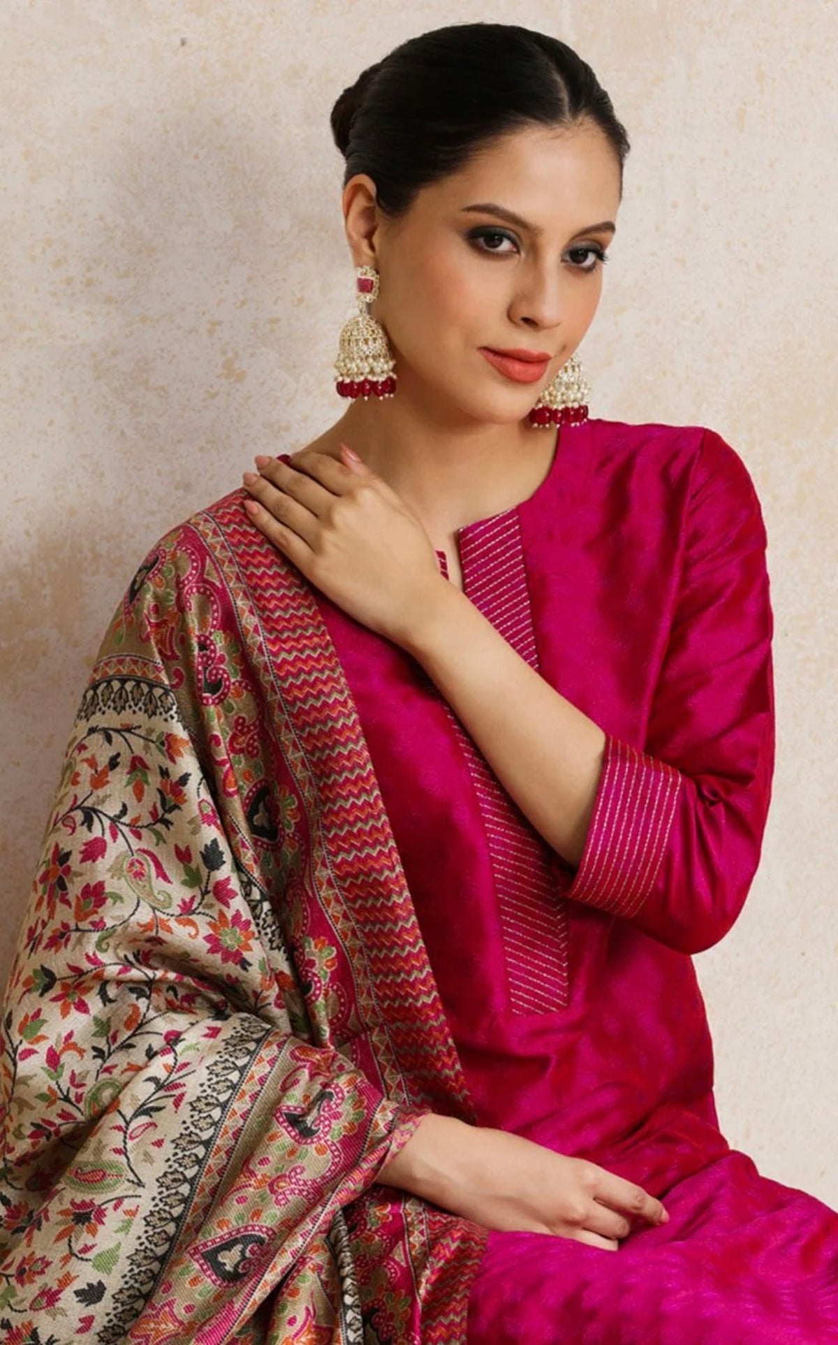Women Pink Zari Work textured Kurta with Trouser and Printed Dupatta