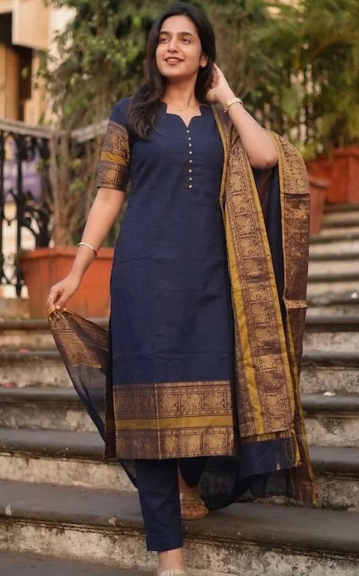 Women V-Neck Zari Pure Cotton Straight Kurta with dupatta