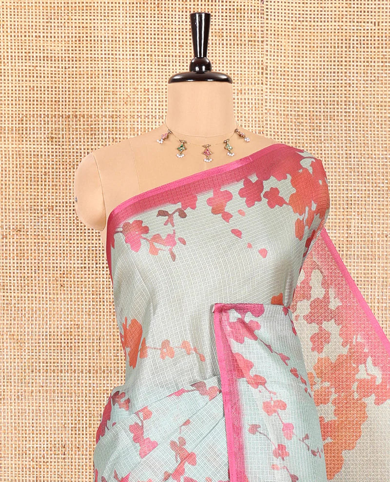 Borderless Beige Kota Chex Saree Prettified with Floral Motifs Digital Print, Subtle Pallu of Stripes, and Paired with a Contrast Plus Printed Blouse