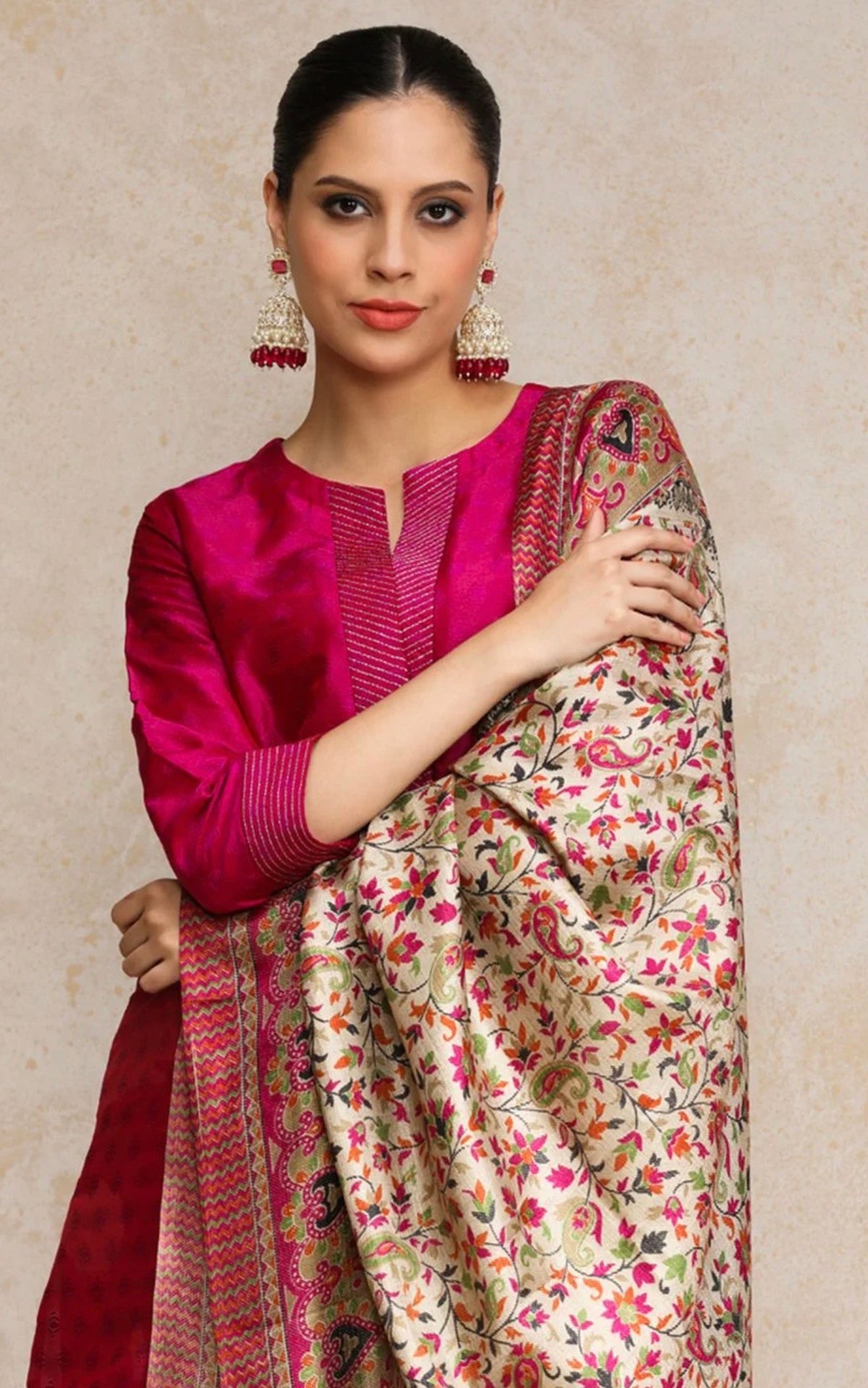 Women Pink Zari Work textured Kurta with Trouser and Printed Dupatta