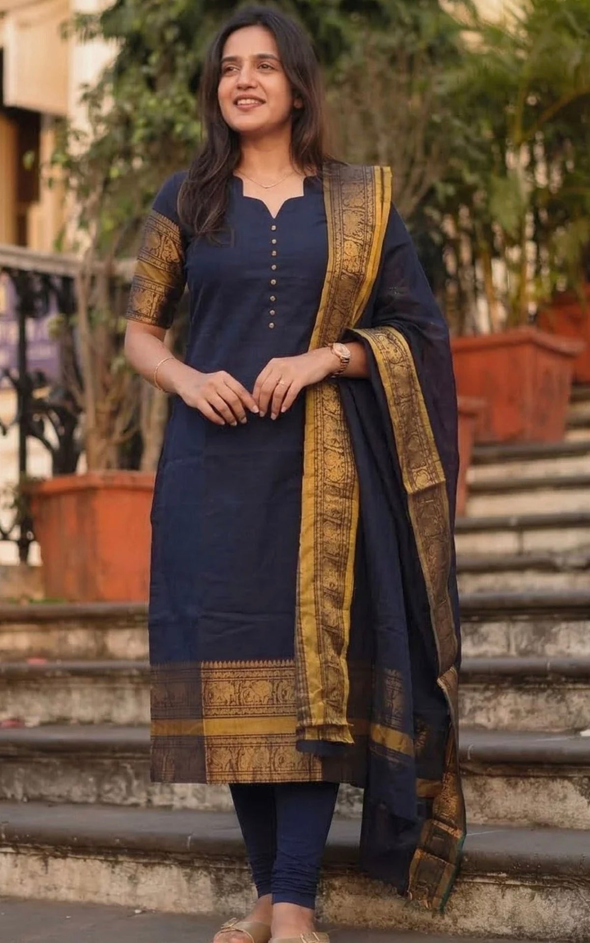 Women V-Neck Zari Pure Cotton Straight Kurta with dupatta