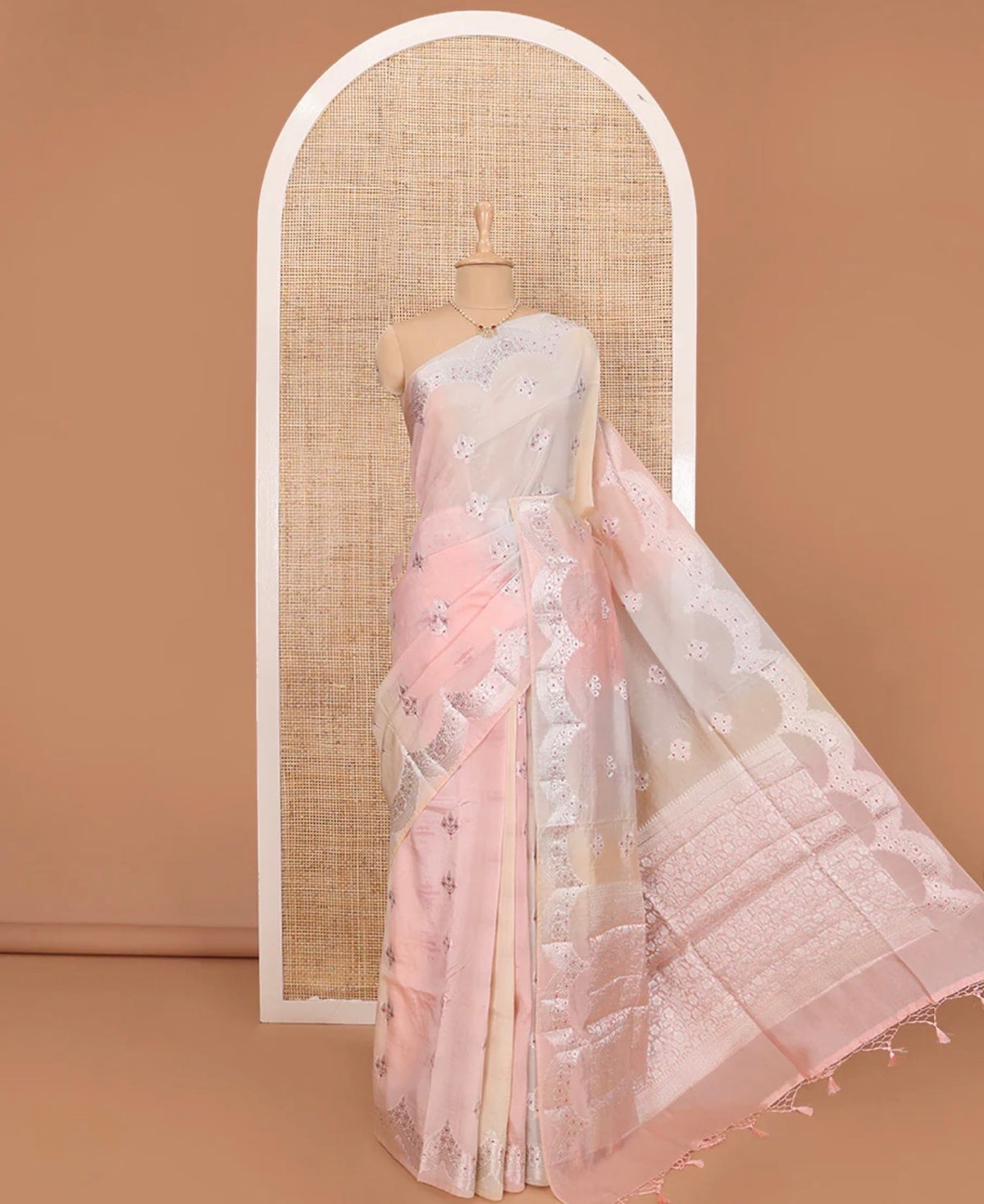 Multi-color floral meena buttas tussar saree, scallop floral design zari border, and floral jaal pallu