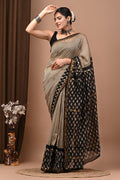 Off white colour pure chanderi silk saree with bagru handblock printed work