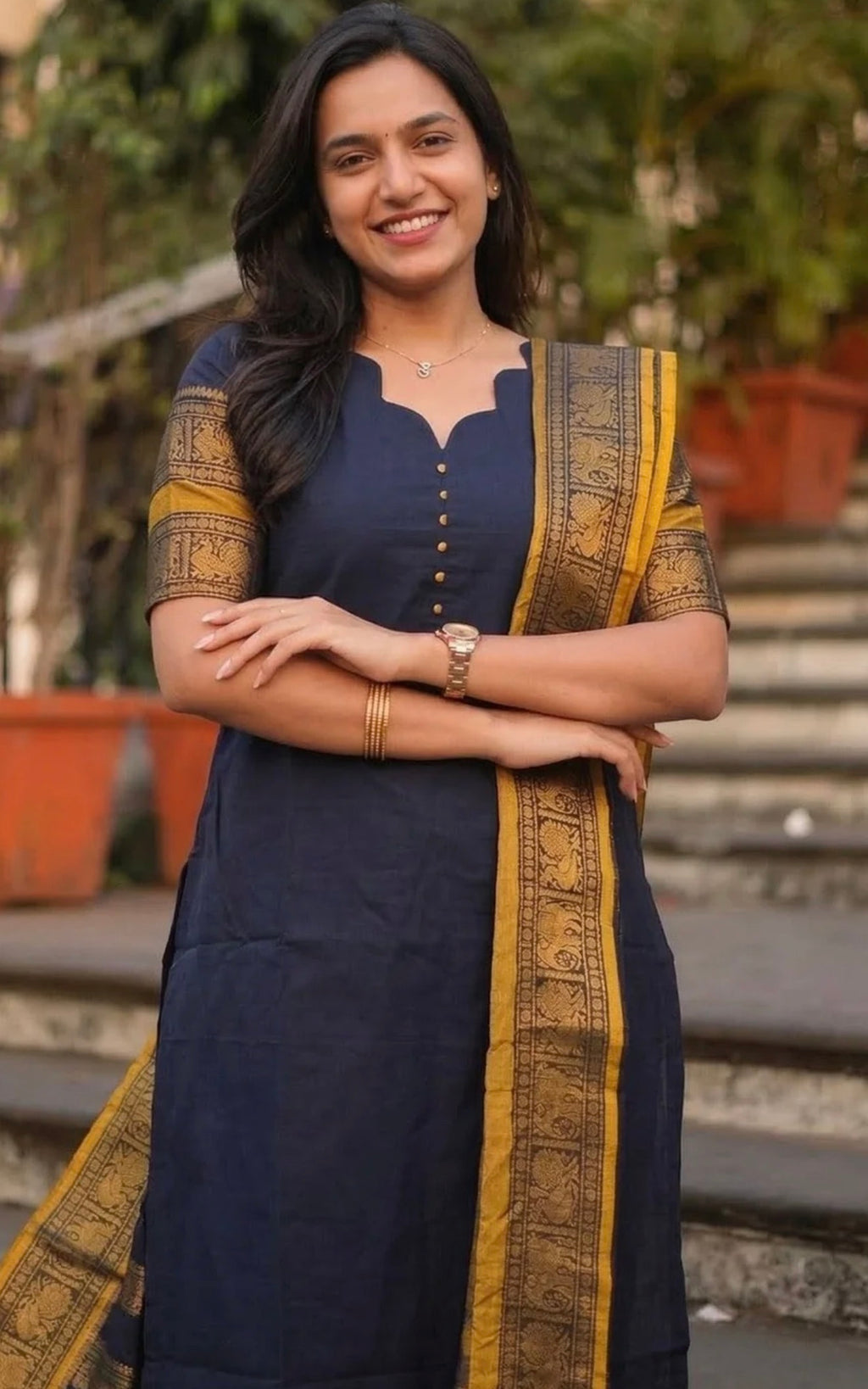 Women V-Neck Zari Pure Cotton Straight Kurta with dupatta
