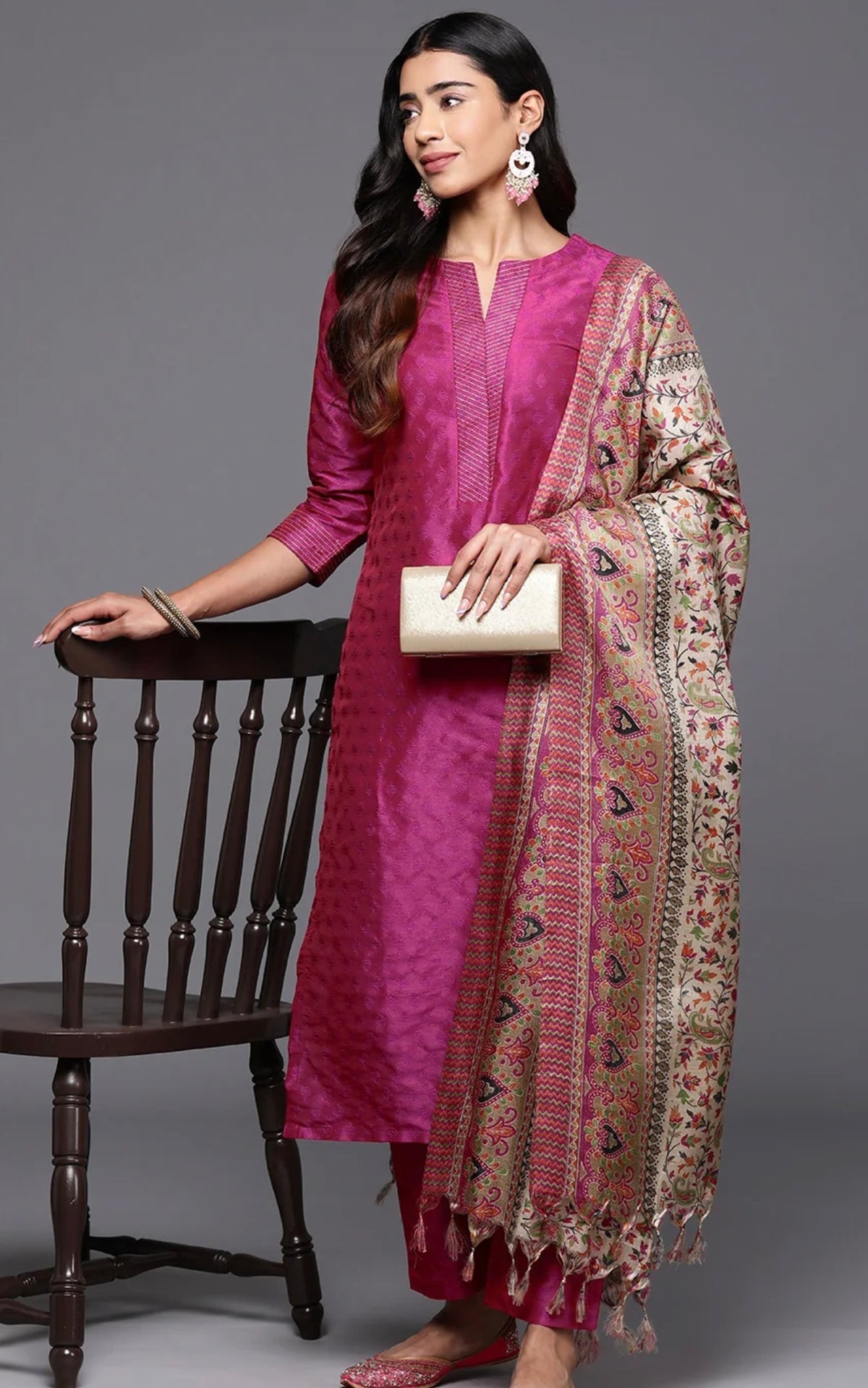 Women Pink Zari Work textured Kurta with Trouser and Printed Dupatta