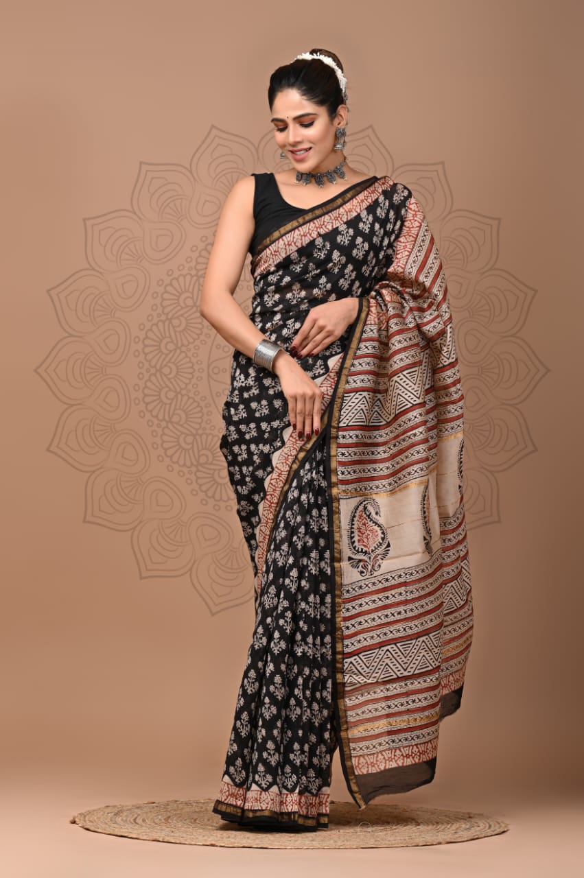 Black colour pure chanderi silk saree with bagru handblock printed work
