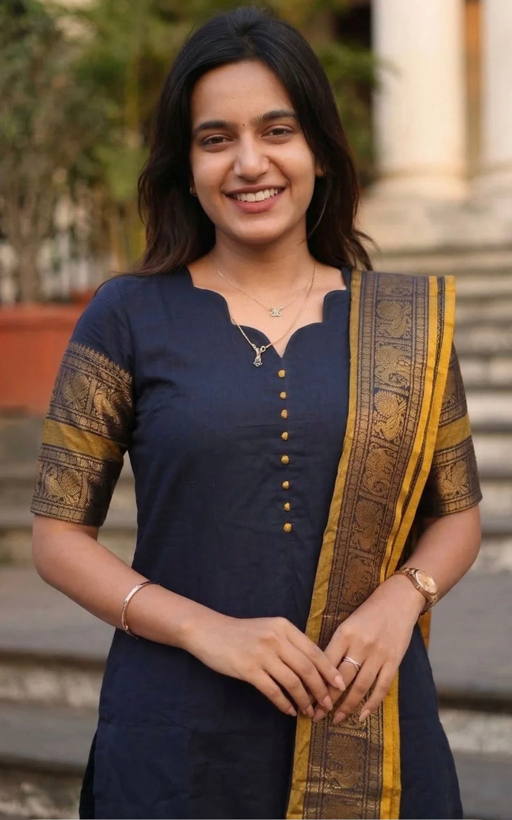 Women V-Neck Zari Pure Cotton Straight Kurta with dupatta