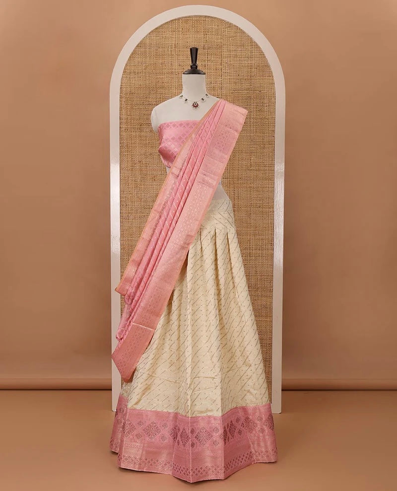 Cream semi-banaras material chudidar,leheriya zari skirt,contrast onion pink zari & swarovski stonework border,jacquard blouse & zari weave dhavani