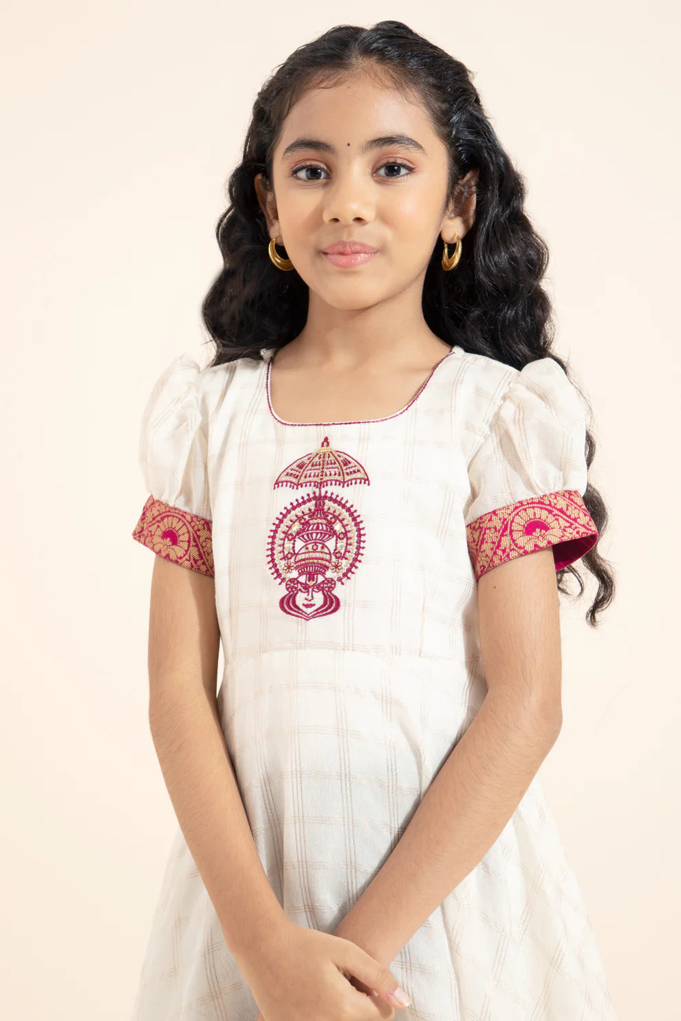 Kathakali Embroidered Kids Anarkali - Off-White & Pink