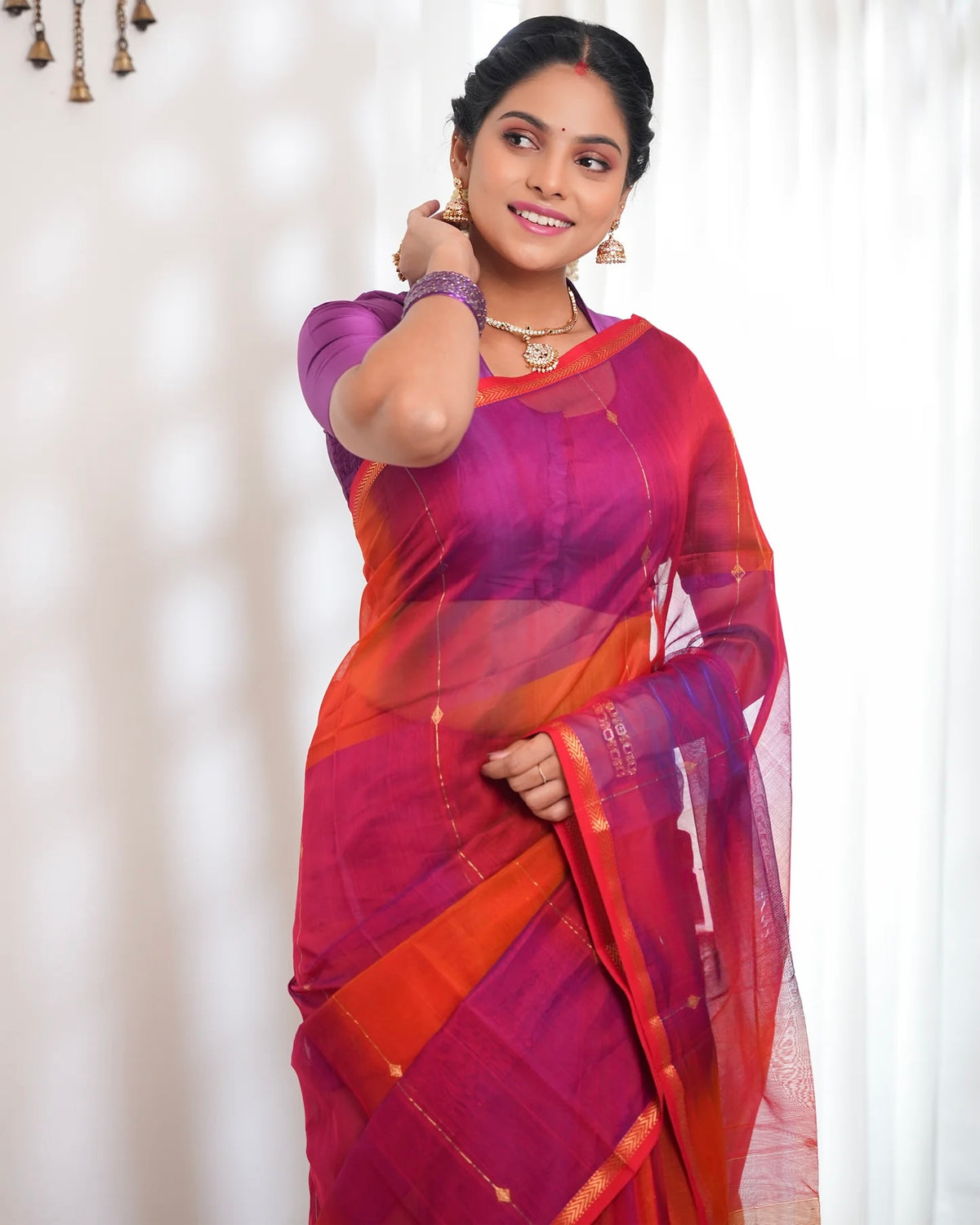 MAHESWARI Silk Cotton Blend - Pink Orange
