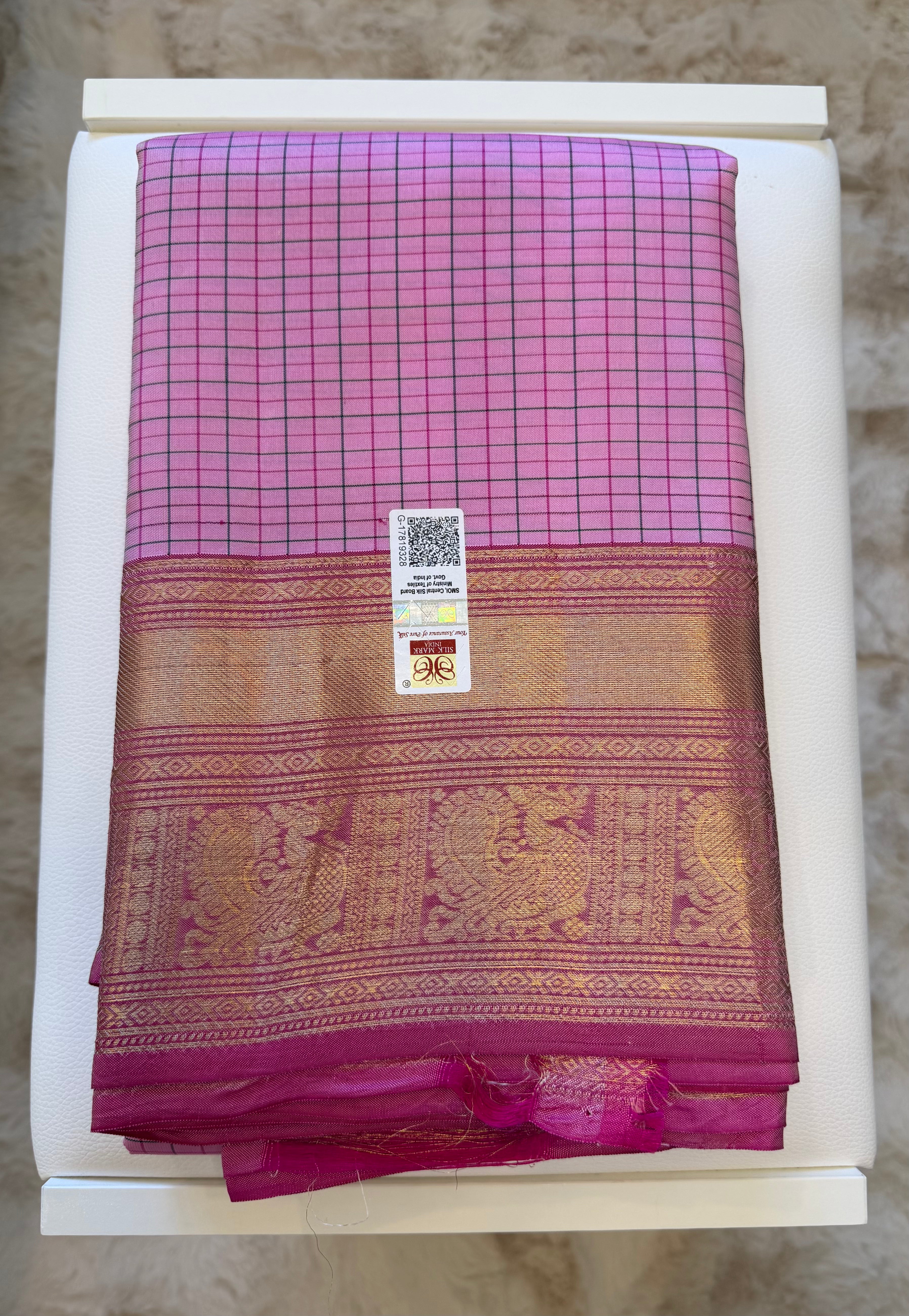 Pink checkered Kanjeevaram Silk Saree