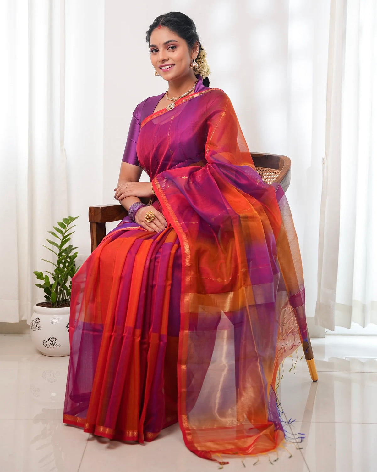 MAHESWARI Silk Cotton Blend - Pink Orange