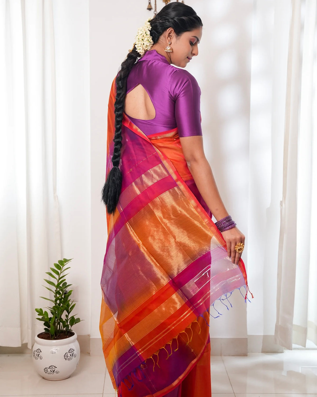 MAHESWARI Silk Cotton Blend - Pink Orange