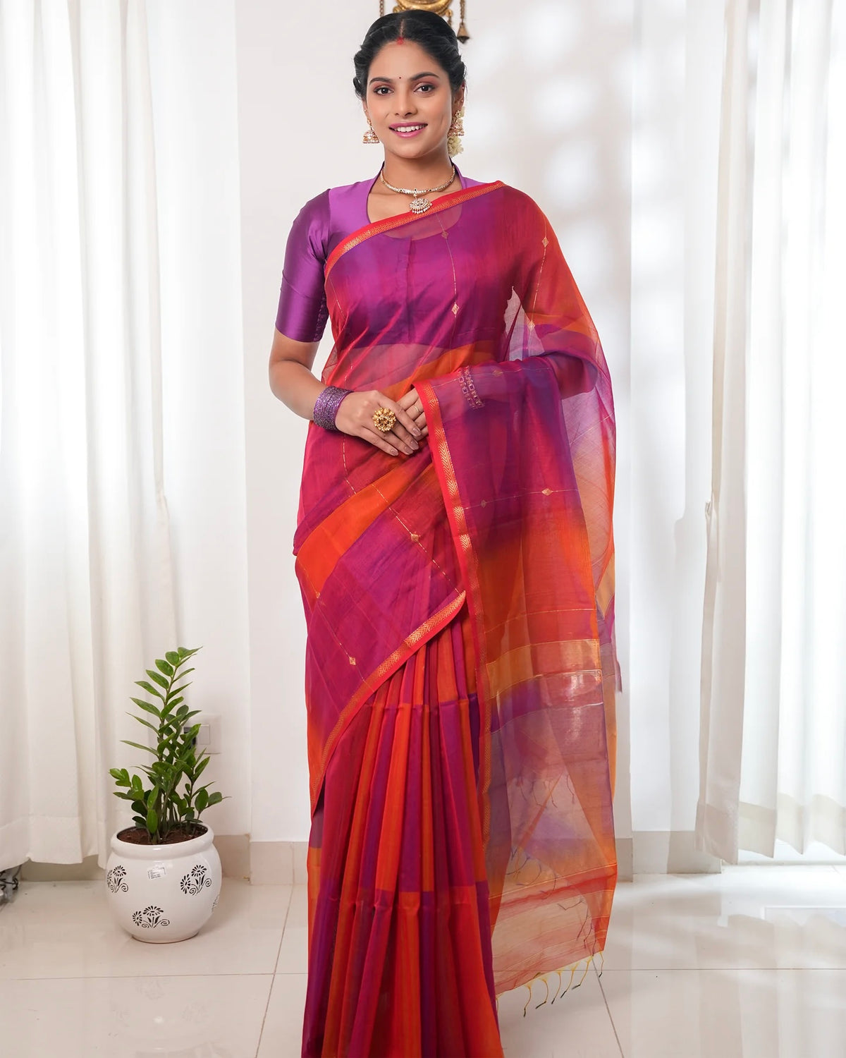 MAHESWARI Silk Cotton Blend - Pink Orange